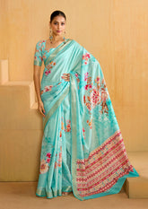 Fountain Blue Tussar Silk Floral Print Saree